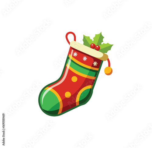 Brightly colored festive christmas stocking with holly and tassels for holiday cheer