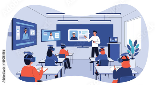 Students engage in immersive virtual reality lesson, teacher guides interactive learning experience