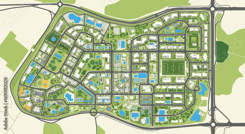 Vibrant modern city plan aerial view showcasing green spaces, buildings, roads, and recreational areas