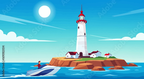 Man speeds across ocean on modern boat towards remote island lighthouse