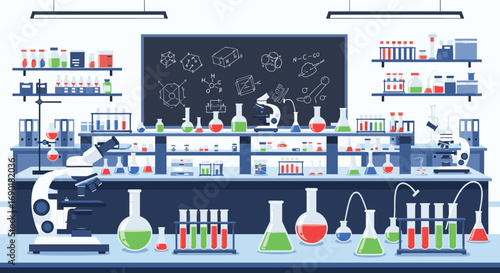 Modern science laboratory with equipment, beakers, and formulas on blackboard for research