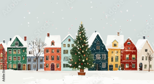 Charming winter village with snow-covered houses and a festive decorated Christmas tree