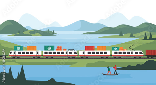 Dynamic cargo train transports goods across scenic landscape with distant mountains and tranquil water