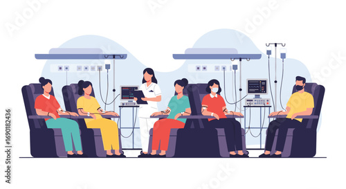 Caring nurse assists diverse patients receiving medical treatment in modern clinic setting