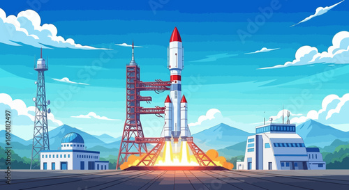 Powerful rocket blasting off from launchpad with dramatic fire and smoke against a clear blue sky.