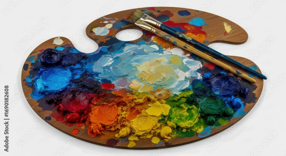 Fototapeta premium Artists Palette with Vibrant Colors and Paintbrushes close up shot