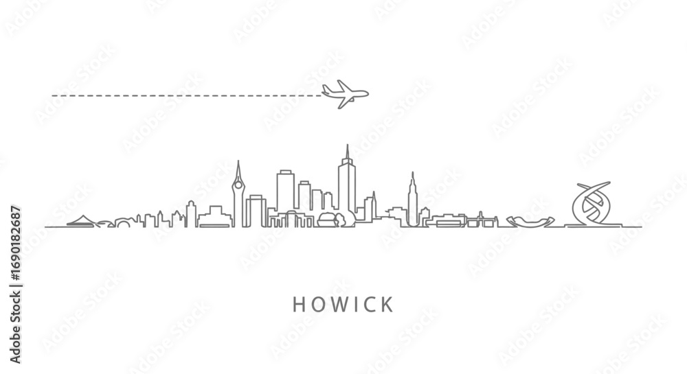 Obraz premium Howick City Skyline with Airplane Silhouette on White.