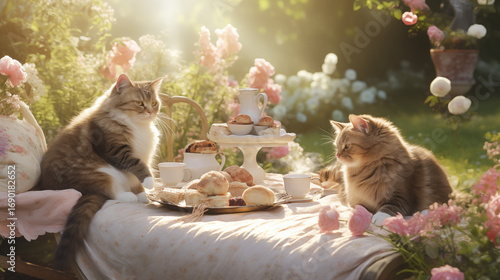 Adorable cats enjoy a delightful outdoor picnic in a garden, surrounded by blooming pink flowers. They sit on cushions next to a table filled with cakes and tea, basking in the warm sunlight. 