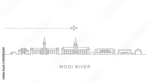 Mooi River with South Africa Skyline Vector Illustration with Airplane.