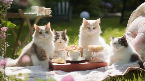 Adorable cats enjoy a delightful outdoor picnic in a garden, surrounded by blooming pink flowers. They sit on cushions next to a table filled with cakes and tea, basking in the warm sunlight. 