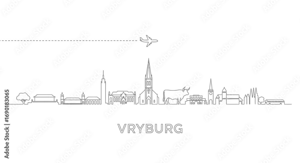 Fototapeta premium Vryburg South Africa Skyline Monoline Illustration With Airplane.