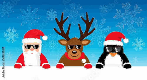 Santa, reindeer, and penguin friends wearing sunglasses, peeking over a snowy ledge with snowflakes falling.