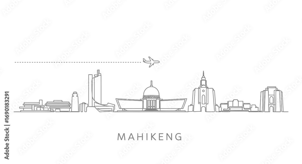 Fototapeta premium Mahikeng South Africa city skyline with airplane flight concept.