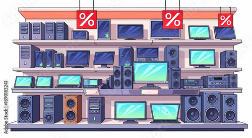 Modern electronics store display featuring computers, monitors, and audio equipment on shelves.