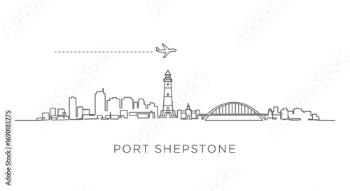 Port Shepstone skyline silhouette with airplane, travel, and minimal art.