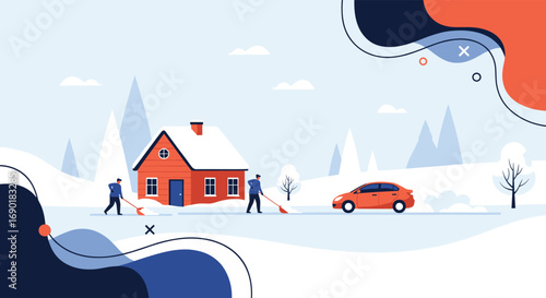 Cheerful winter scene shows people clearing snow around a cozy house and car