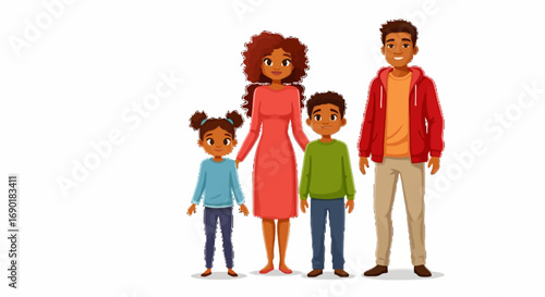 Smiling diverse family of four, parents and two children, posing together with warmth and love.