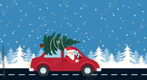 Santa Claus driving a red car through snowy forest with Christmas tree on roof