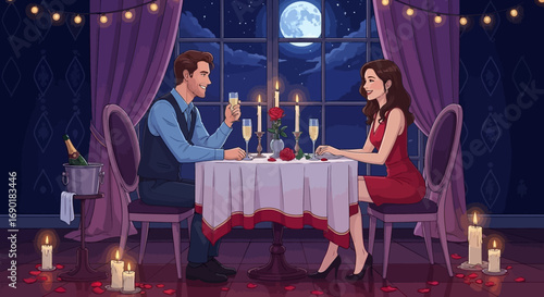 Romantic couple enjoying a candlelit dinner for two under a full moon