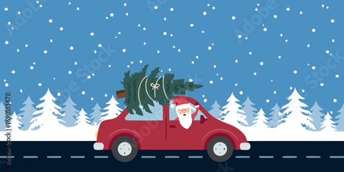 Santa Claus driving a car with a Christmas tree on top through a snowy forest