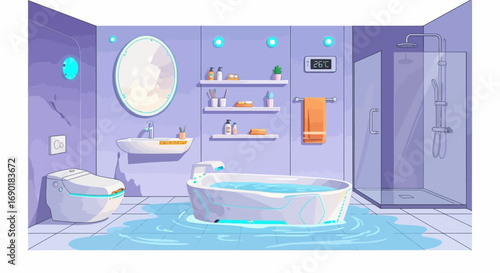 Modern futuristic bathroom with a large soaking tub and a digital display on the wall