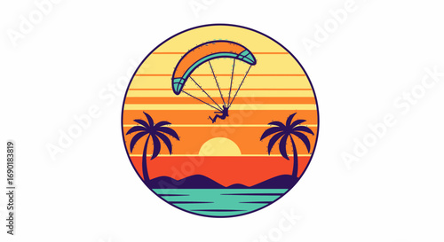 Adventurous paraglider soaring over a vibrant tropical beach sunset