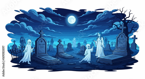 Spooky ghosts playfully haunt a moonlit graveyard on Halloween night.
