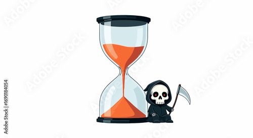 Grim reaper character standing by an hourglass with sand flowing, symbolizing the passage of time and mortality.