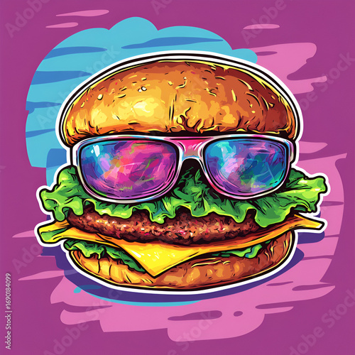 Colorful Cartoon Hamburger Wearing Sunglasses Surrounded by Pink and Blue Background