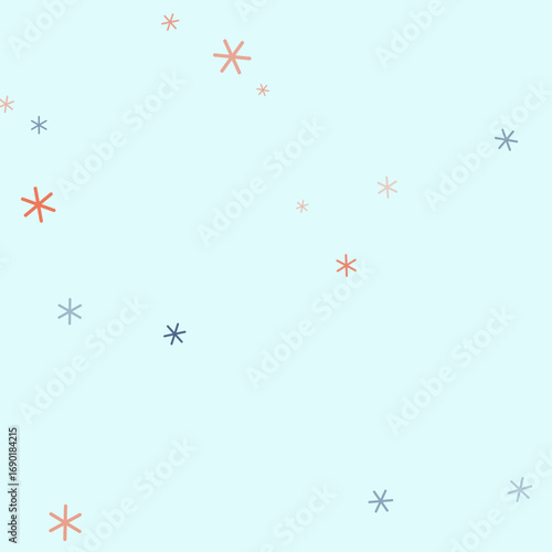 Whimsical Pastel Starbursts and Snowflakes Scattered on a Light Blue Minimalist Background