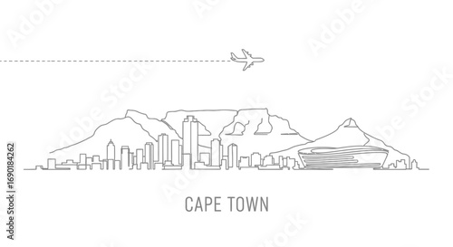 Cape Town Skyline with Table Mountain and Airplane Vector Illustration.