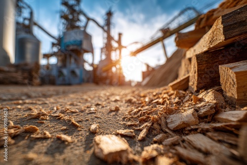 Wood chips and lumber at a processing plant