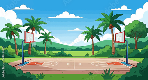Vibrant outdoor basketball court surrounded by lush tropical greenery under a clear blue sky
