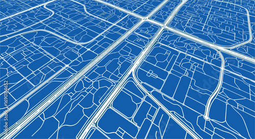 Dynamic city map illustration with complex road network and urban sprawl in perspective
