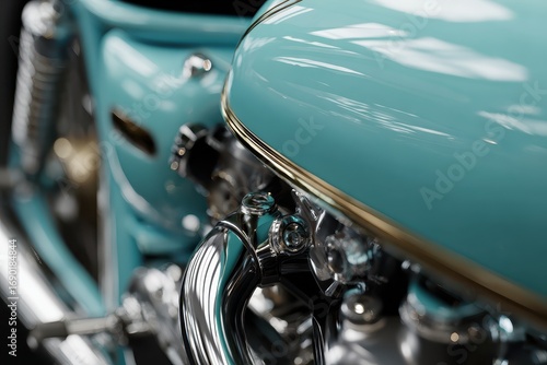 Close-up of a Classic Turquoise Motorcycle Engine and Fuel Tank.