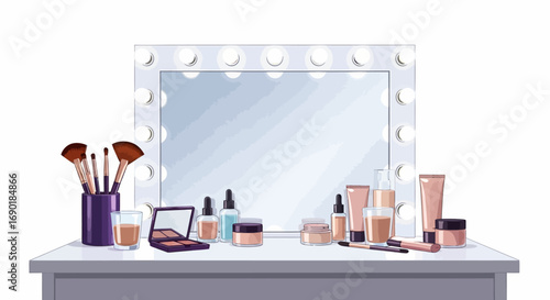 Vanity mirror with bright lights surrounded by makeup and brushes, creating a glamorous beauty station.