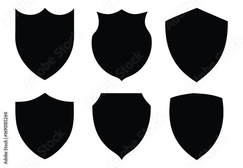 Six black shield silhouettes different shapes classic vintage medieval heraldry symbols