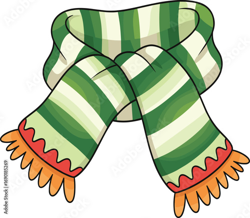 Warm winter scarf illustration, green striped wool clothing accessory, cozy fashion item, cold weather garment, cartoon vector drawing, seasonal design