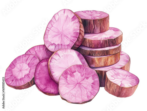 Watercolor Painting Of Sliced Purple Yams Arranged In A Pile Against A Transparent Background