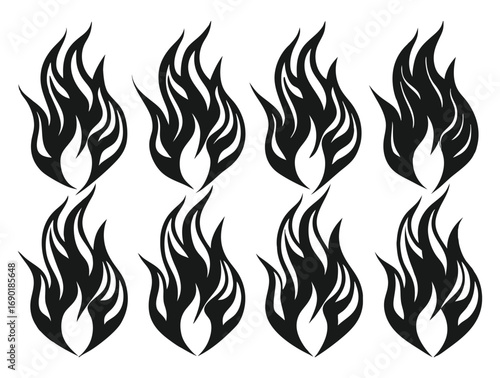 Set of eight stylized fire flames icons in black simple design