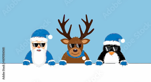 Cool Santa, reindeer, and penguin friends wearing sunglasses and Santa hats peek over a white surface.