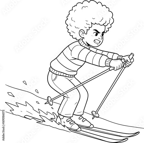Cartoon skier, winter sport, downhill skiing, snow spray, striped sweater, curly hair, ski poles, motion, outdoor activity, alpine adventure