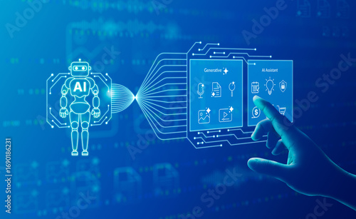 AI agent, holographic robot assistant concept, digital interface showing generative AI functions for digital business productivity, AI agent work with holographic robot interface and assistant tools