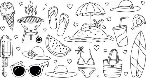 Vector vector art of collection of summer vacation doodles, transparent background