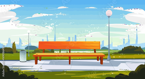 Empty park bench under a bright blue sky, inviting a moment of peaceful reflection