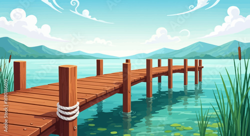 Serene wooden pier extending into a calm, blue lake surrounded by rolling hills under a bright sky.