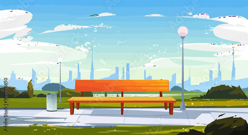 Empty park bench awaits visitors on a bright sunny day with futuristic city skyline in the distance