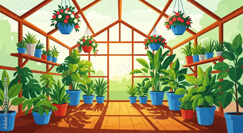 Lush green plants thrive in a bright, sunlit greenhouse filled with vibrant blooms.