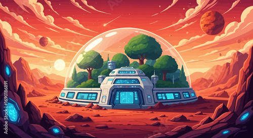 Futuristic biodome sanctuary thrives amidst alien desert landscape under a vibrant sky.