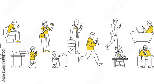 Vector vector art of people addicted to smartphones in various daily life situations, transparent background